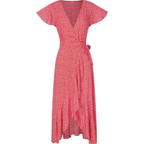 Womens Dresses Bohemian Wrap Floral Printed Cotton V Neck Short Sleeve Ethnic Style Fashion Temperament Beach Maxi Dress