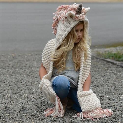 Winter Kids Crochet Cartoon Unicorn Winter Hat with Scarf Pocket Hooded Knitting Beanie Cosplay Photography for boy girl HT19034