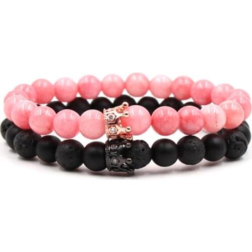 2pcs/lot Natural Lava Stone Crown Beads Couple Bracelet For Lovers Fashion Stretch Bead Distance Bracelets Couple Jewelry