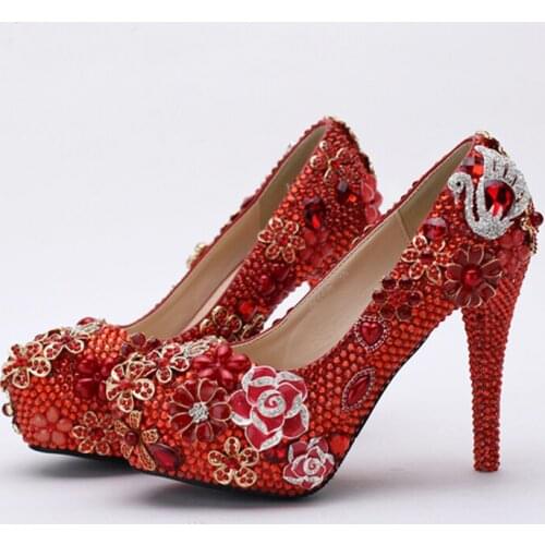 2020 Gorgeous Wedding Party Prom Shoes Red Rhinestone Bridal Shoes Crystal Evening Nightclub Pumps Mother of the Bride Shoes