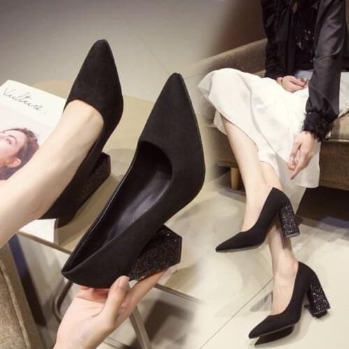 2019 new high heels black professional pointed sequins high heels Korean fashion thick with casual womens single shoes