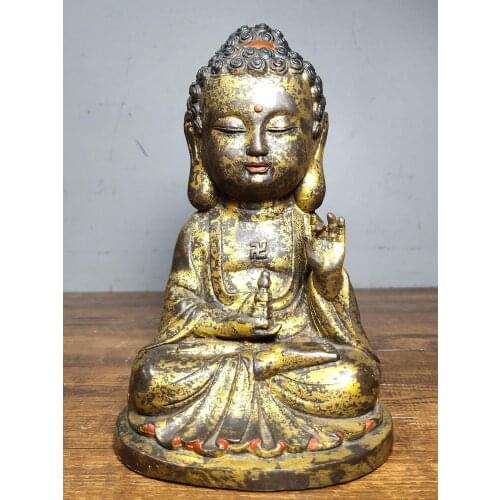 8" Tibet Buddhism Temple Old Bronze Gilt Cinnabars Shakyamuni Buddha Statue Baby buddha Prince Buddha Amitabha statue Enshrine