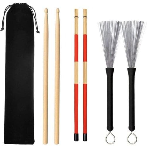 Drum Sticks 1 Pair 5A Maple Wood Drum Sticks 1 Pair Retractable Drum Wire Brushes and 1 Pair Rods Drum Brushes Set