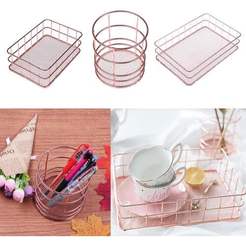 Household Simple Hollow Wrought Iron Art Storage Basket Makeup Brush Pen Holder Kitchen Bedroom Sundries Snacks Organizer
