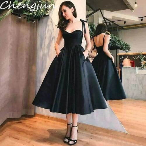 Chengjun Tea Length Lovely Black A Line Female Japanese Evening Dress With Straps