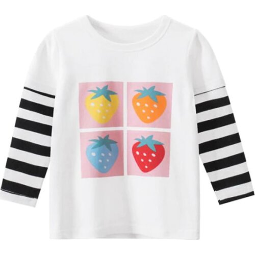 DFXD 2021 Spring Kids Clothes Baby Girls Striped Long Sleeve T-shirt 100% Cotton Fruit Print Tee Tops For 2-8Yrs Children Shirts