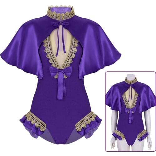 Women Adults Halloween Circus Ringmaster Fancy Party Romper Leotard Jumpsuit Cosplay Costumes Bodysuit with Shiny Satin Cape