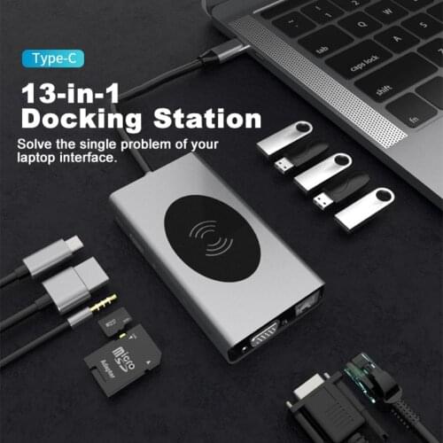 USB Docking Stations 13 in1 Type-C to HDMI VGA PD 3.5mm Audio Jack RJ45 Hub 10W/7.5W/5W Wireless Charging Adapter Dock Stations