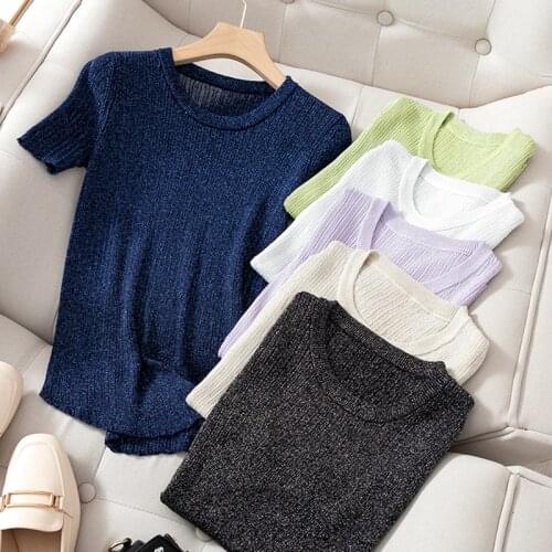 Female knit T-shirt Women Tops 2020 Lurex Glitter Summer T Shirt for Women Black White Tshirt Short Sleeve Women T Shirts tops