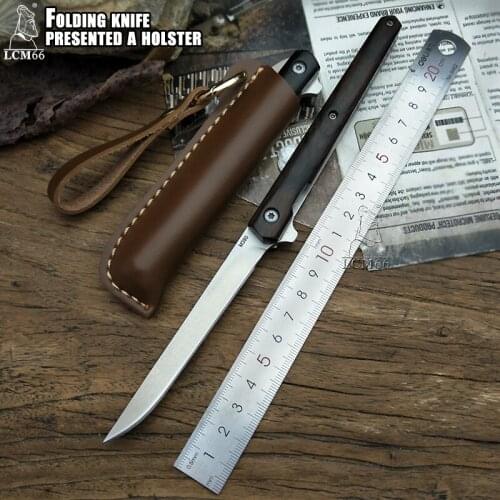 LCM66 Folding knife Ebony handle Portable Pen knife Tools Sharp Quick opening Outdoor knife Distribution leather knife cover