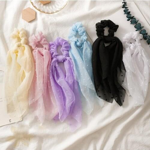 Fashion Solid Color Seersucker Hair Accessories For Women Elastic Hair Band Ribbon Tied Gum Ponytail Holder Long Scarf Scrunchie