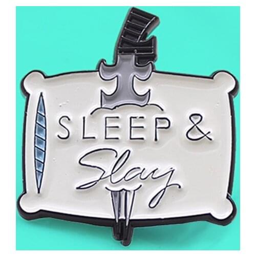 Cartoon Pillow sword dagger Enamel Pins Brooch Custom SLEEP, SLAY sleeping time Brooches for women Badge Jackets Jewelry gift