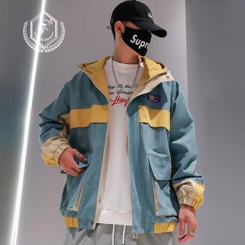 Men Fashion Loose Print Jacket Casual Patchwork Safari Style Hip Hop Coat with Hooded