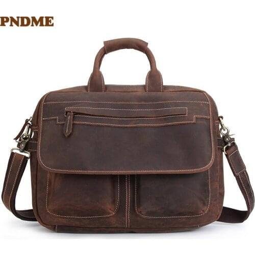 High quality crazy horse cowhide mens briefcase business retro genuine leather lawyer handbag laptop shoulder messenger bags