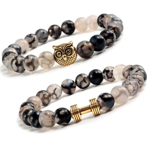 Natural Stone Black Dargon Pattern 8mm Beads Elastic Bracelets Homme Bangles Charm Men Women Couples Distance Jewelry Gift