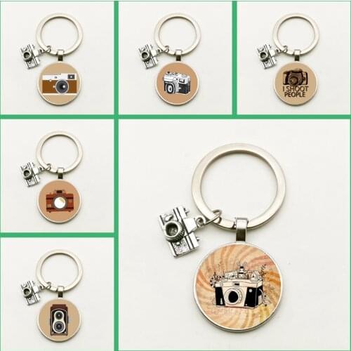 New Retro Camera Glass Convex Round Keyring Fashion Model Pendant Keychain Photos Gift Cute Pattern Souvenir Charm Bag Men Women