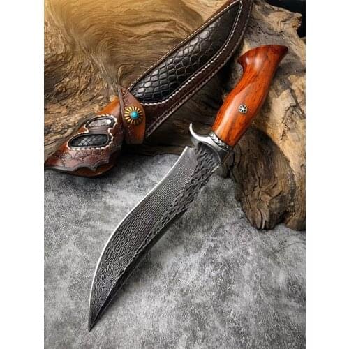 Handmade Damascus Steel Fixed Blade Knife Leather Sheath RoseWood Handle Outdoor Survival Hunting Knife