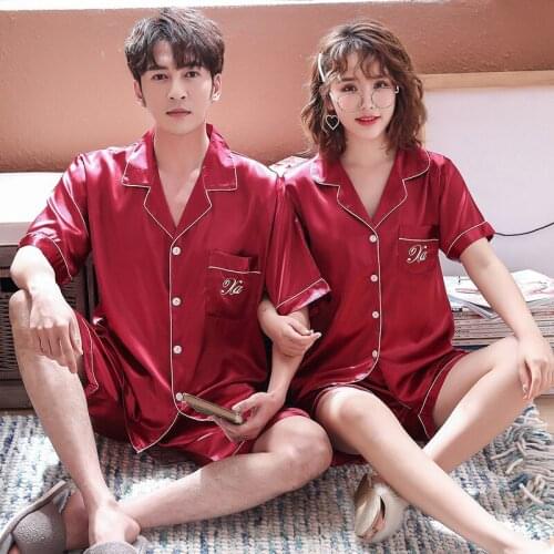 Couples Pajama Summer Short Sleeve Satin Silk Like Sleepwear Pyjamas Men And Women Lovers Lounge Pajamas Set