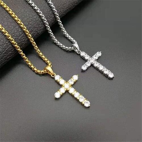 Hip Hop Iced Out Cross Pendant With Stainless Steel Chain Christian Golden Necklace For Women/Men Jewelry Dropshipping