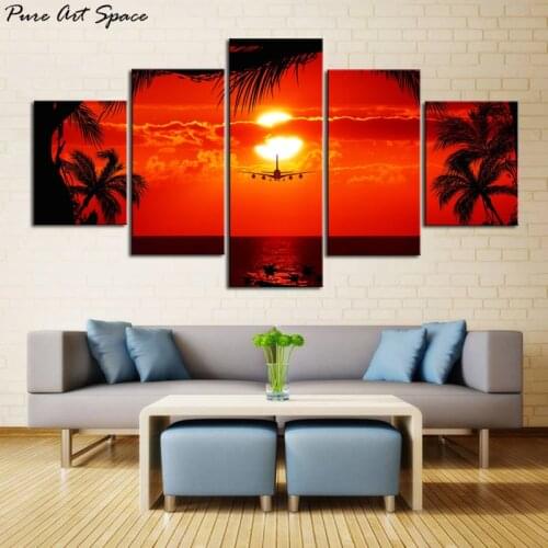 Modern Wall Art Canvas Poster Picture Airplane at Sunset Aircraft Pictures Red Landscape Painting 5 Pieces Canvas