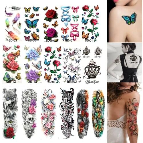 Full Arm Sleeve Tattoo for Women Waterproof Temporary Tattoos Body Art Sticker Flower Cartoon Fake Tattoos Tatouage Temporaire