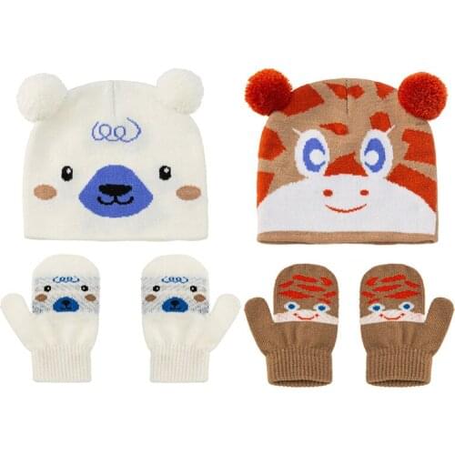 2Pcs/Set Cartoon Animal Baby Hat Glove Set Autumn Winter Warm Newborn Girl Boy Mitten Double Pompom Kid Toddler Knitted Beanie