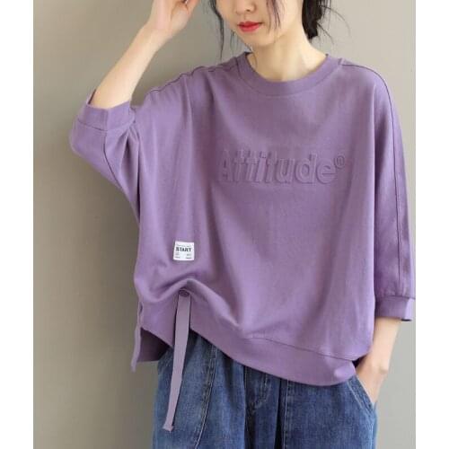 Cotton Medium Sleeve Sportswear Womens 2021 Spring Summer New Round Neck Loose Casual Three Dimensional Letter Large Size Top