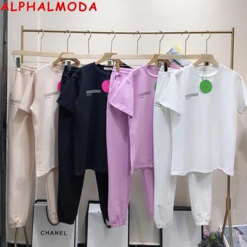 ALPHALMODA 2021 Spring New Arrival Short-sleeved Letter Tshirt + Jogger Pants Women 2pcs Fashion Suit