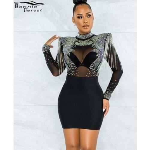 Bonnie Forest Sparkle Padded Rhinestones Mesh Patchwork Dress Womens Sequins Fringed Skinny Party Club Wear Chirstmas Outfits