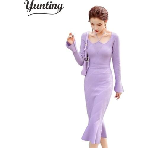 Women Knitted Long Dress Autumn Winter Slim Sleeve Ladies Dresses Elegant Party Female Sweater Dress
