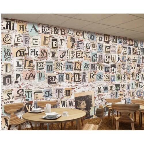 Europe and the United States old newspaper tear paper English letters bar restaurant background wall custom 3d wallpaper