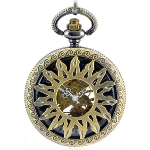 Antique Brown Skeleton Mechanical Hand Wind Pocket Fob Watches Clamshell Business Mens Poket Watch Pendant Necklace Sun Pattern