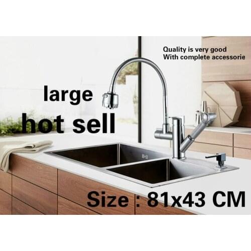 Free shipping Hot sell luxury vogue large kitchen manual sink double groove 304 stainless steel 810x430 MM