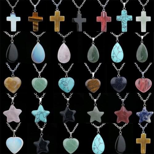 Love Heart Water Drop Natural Crystal Stone Cross Star Tiger Eye Turquoises Pendant Necklace Chain For Women Girls Charm Jewelry