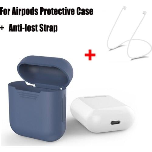 For Apple AirPods Case Blue Color Silicone Shock Proof Protector+Anti-lost Strap Earphone Cable Cord for Airpods Headphone