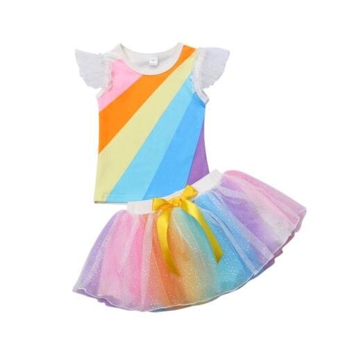 Unicorn Kids Baby Girl Tops T shirt + Tutu Rainbow Color Skirt Party 2PCS Outfit Halloween Size 1-5T
