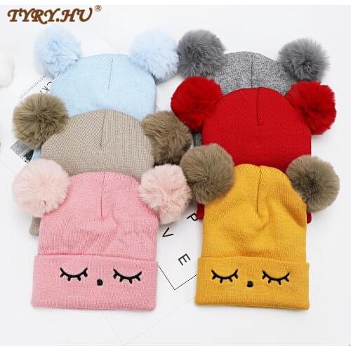 1set Toddler Hat +Twitter Pompon Winter Children Hat Bonnet Enfant Knitted Cute Cap For Girls Boys 0-24 Months