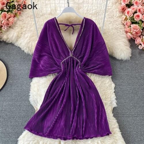 Gagaok Formal Dress Women 2021 Summer New V-Neck Batwing Sleeve Diamonds Solid Mini Party Dresses Korean Fashion Chic Vestidos