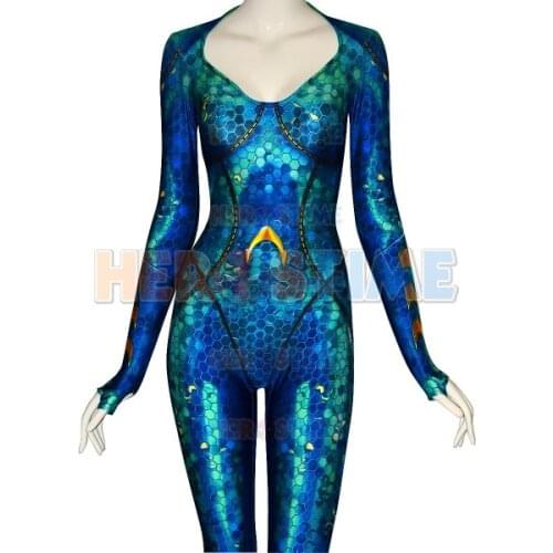Newest Queen Mera Costume Film Cosplay Costume 3D Printed Lycra Spandex Halloween Costume Jumpsuit Custom Made