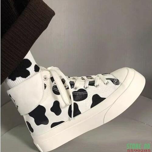 Womens Sneakers Cow Print Kawaii Shoes Fashion Cute Lace-Up Platform Boots Ladies Casual Footwear Student Spring Loli 2021