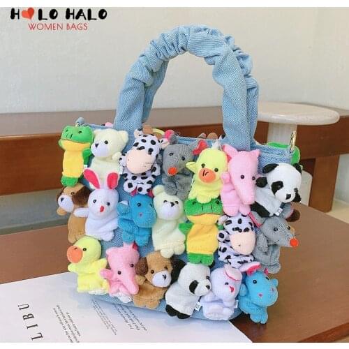 Fashion Women Denim Bucket Cartoon Toy Decoration Handbags and Purses for Female Cute Dolls Design Shoulder Bags Crossbody Bags
