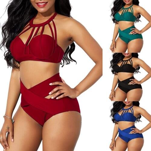 Two Piece Fashionable Summer Womens Sexy Sleeveless Hollow High Waist Cage Neck Cross Bikini Split Temperament Solid Color Suit