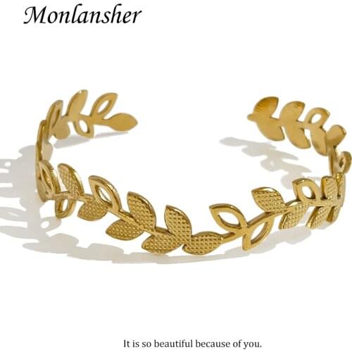 Monlansher Classy Geometric Hollow Leaves Branch Cuff Bangle Gold Color Titanium Steel Bangle Trendy Fashion Bangles Jewelry