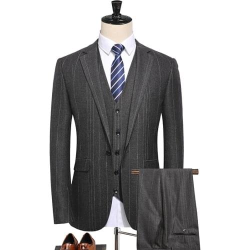 Mens Suit Single Button Slim Stripe Mens Suit 3-Piece Suit Blazer Trousers Vest Mens Business Casual Formal Business Wear