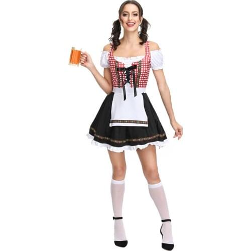 German Beer Bar Waitress Cosplay Red Check Beer Dress Munich Oktoberfest Clothing Adult Maidservant Clothes
