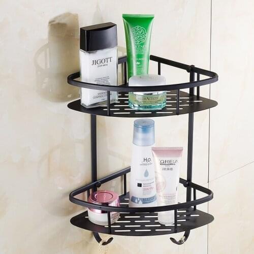 1/2 Tier Copper black triangle bathroom shelf, Retro Toilet / kitchen storage rack shelf, Brass bathroom producks corner rack