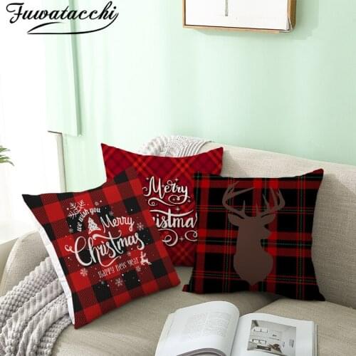 Fuwatacchi Merry Christmas Gift Cushion Cover Red Black Plaid Decoration Pillow Covers for Home Sofa Throw Pillowcases 45X45cm