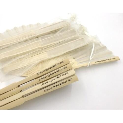 Wedding fan, organza-wrapped hand fan with screen-printed logo to personalize bride and groom names