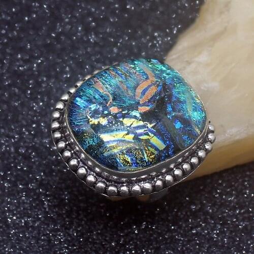 Vintage Solitaire Charm Dichroic Glass Silver Color Jewelry Band Ring For Women Size 7.5 HD512