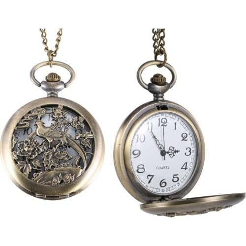 Vintage Quartz Pocket Watch Hollow Out Magpies Flower Bird Flip Cover Alloy Chain Pendant Watches LL@17